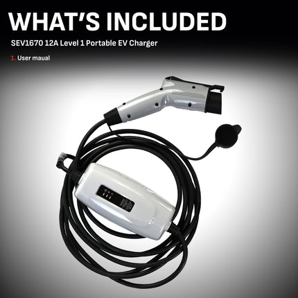 Schumacher Electric Level 1 Portable EV Charger, 12 Amp, 120 Volt, NEMA 5-15P Plug, Indoor/Outdoor Charging,  J1772 Connector, 20.5 Foot Charging Cable, SEV1670