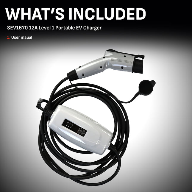 Schumacher Electric Level 1 Portable EV Charger, 12 Amp, 120 Volt, NEMA 5-15P Plug, Indoor/Outdoor Charging,  J1772 Connector, 20.5 Foot Charging Cable, SEV1670