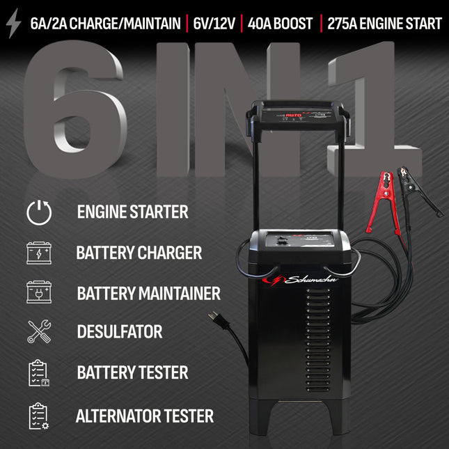 Schumacher Electric Wheeled Automatic 6A Car Battery Charger and 275A Engine Starter, 6-in-1 Solution, Maintainer, 40A Boost, For 6V/12V Power Sport, Automotive, and Marine Batteries, SC1326