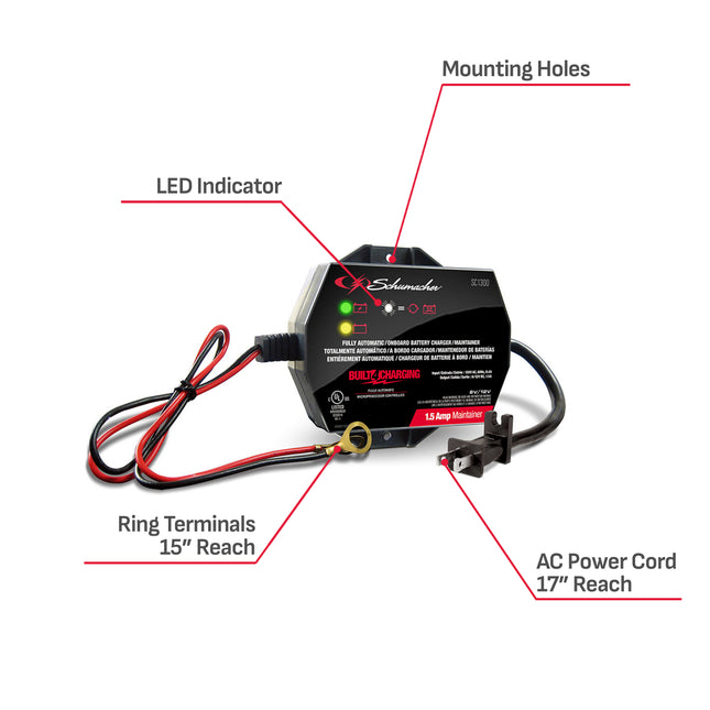 Schumacher Electric 1.5A Car Battery Charger and Maintainer, 3-in-1 Solution, For 6V/12V Power Sport, Automotive, and Marine Batteries, SC1300