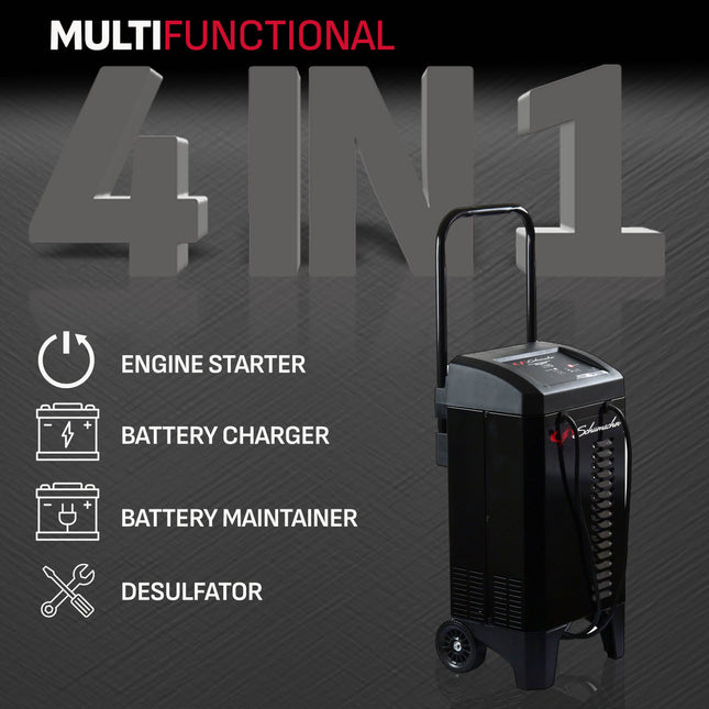 Schumacher Electric Wheeled Automatic 6A Car Battery Charger and 200A Engine Starter, 4-in-1 Solution, Maintainer, 40A Boost, For 12V Power Sport, Automotive, and Marine Batteries, SC1324
