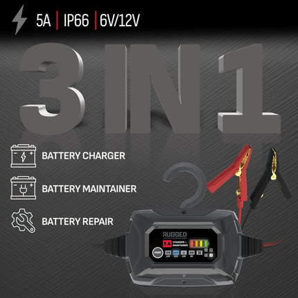 Schumacher Electric 5A Rugged Car Battery Charger and Maintainer, 3-in-1 Solution, for 6V/12V Power Sport, Automotive, and Marine Batteries, SC1682