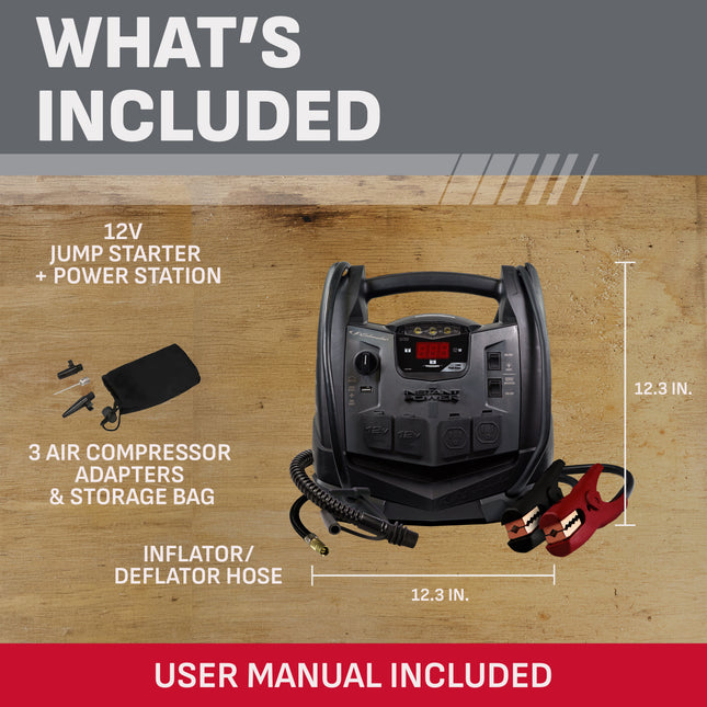 Schumacher Electric 1200A Car Battery Jump Starter and Portable Power Station, 6-in-1 Solution for 12V Batteries, 150-PSI Air Compressor, 200 Continuous/400 Peak Watt Inverter, SJ1332