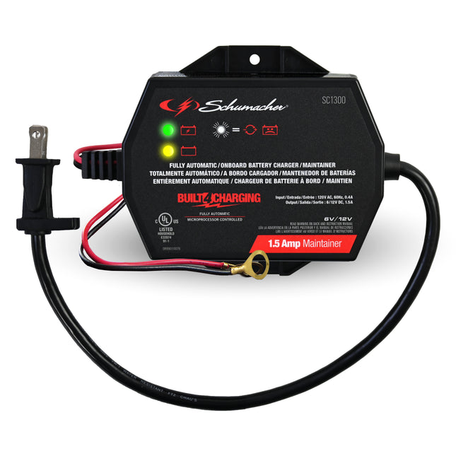 Schumacher Electric 1.5A Car Battery Charger and Maintainer, 3-in-1 Solution, For 6V/12V Power Sport, Automotive, and Marine Batteries, SC1300