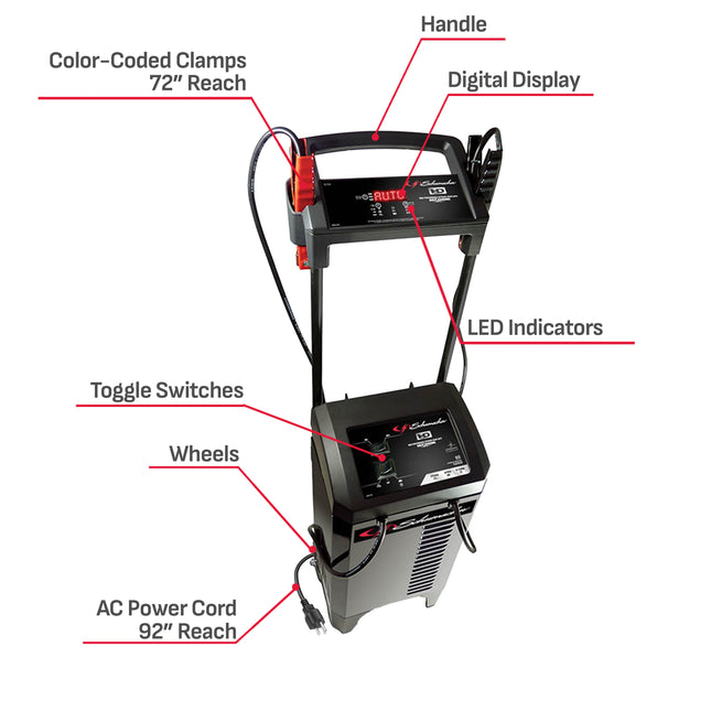 Schumacher Electric Wheeled Automatic 6A Car Battery Charger and 275A Engine Starter, 6-in-1 Solution, Maintainer, 40A Boost, For 6V/12V Power Sport, Automotive, and Marine Batteries, SC1326