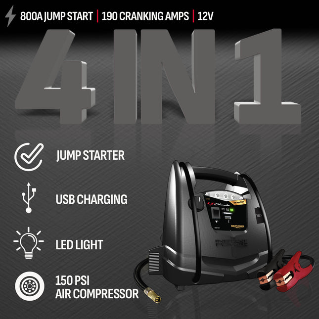 Schumacher Electric 800A Car Battery Jump Starter and Portable Power Station, 4-in-1 Solution, 150-PSI Air Compressor, USB & DC Charging, For 12V Power Sport, Automotive, and Marine Batteries, SJ1331