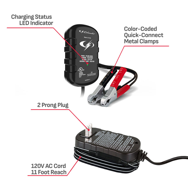 Schumacher Electric 0.8A Car Battery Charger and Maintainer, 2-in-1 Solution, For 12V Power Sport, Automotive, and Marine Batteries, SC1299