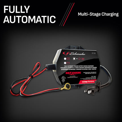 Schumacher Electric 1.5A Car Battery Charger and Maintainer, 3-in-1 Solution, For 6V/12V Power Sport, Automotive, and Marine Batteries, SC1300