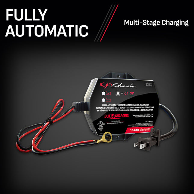 Schumacher Electric 1.5A Car Battery Charger and Maintainer, 3-in-1 Solution, For 6V/12V Power Sport, Automotive, and Marine Batteries, SC1300