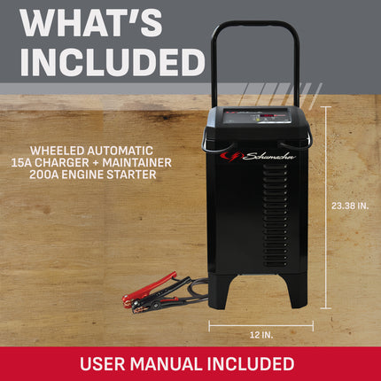 Schumacher Electric Wheeled Automatic 6A Car Battery Charger and 200A Engine Starter, 6-in-1 Solution, Maintainer, 40A Boost, For 6V/12V Power Sport, Automotive, and Marine Batteries, SC1353