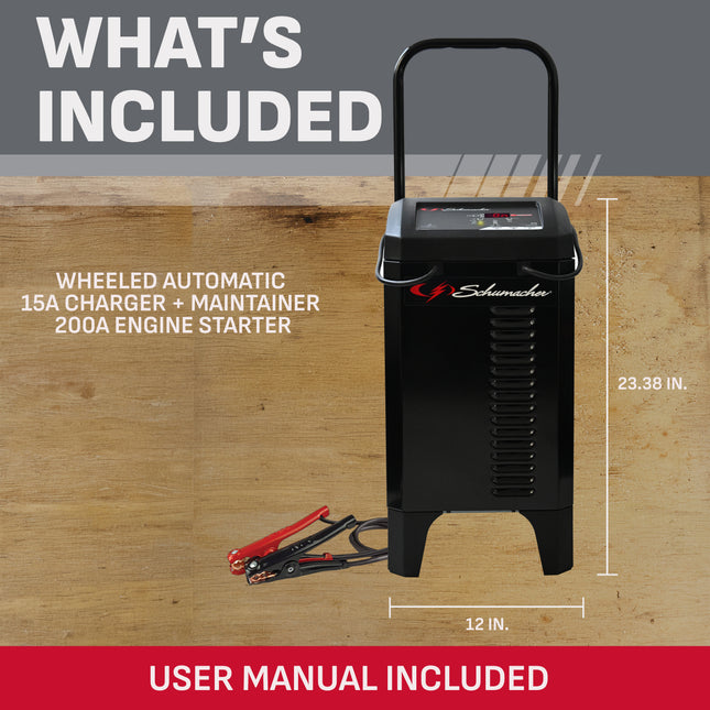 Schumacher Electric Wheeled Automatic 6A Car Battery Charger and 200A Engine Starter, 6-in-1 Solution, Maintainer, 40A Boost, For 6V/12V Power Sport, Automotive, and Marine Batteries, SC1353