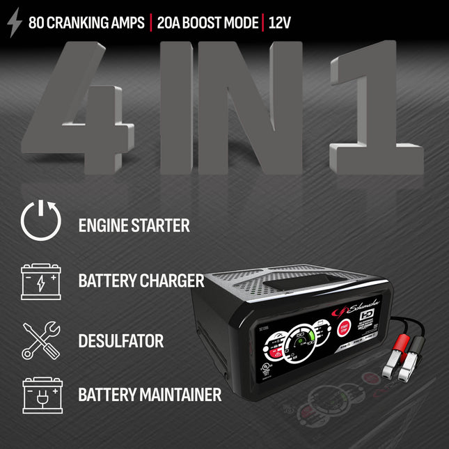 Schumacher Electric 6A Car Battery Charger and 80A Engine Starter, 4-in-1 Solution, Maintainer, 20A Boost, For 12V Power Sport, Automotive, and Marine Batteries, SC1306