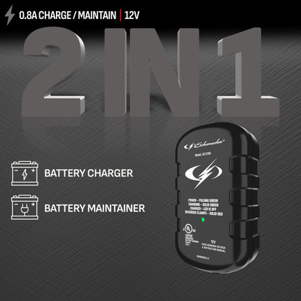 Schumacher Electric 0.8A Car Battery Charger and Maintainer, 2-in-1 Solution, For 12V Power Sport, Automotive, and Marine Batteries, SC1299