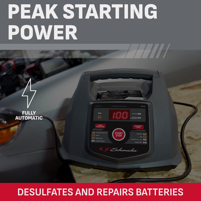 Schumacher Electric 6A Car Battery Charger & 100A Engine Starter, 6-in-1 Solution, Maintainer, 30A Boost, Battery & Alternator Tester, For 6V/12V Power Sport, Automotive, & Marine Batteries, SC1564L
