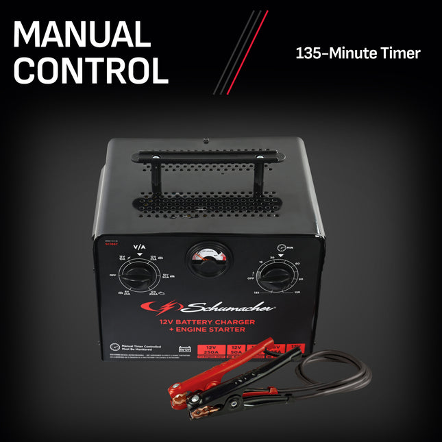 Schumacher Electric Manual 10A Car Battery Charger and 250A Engine Starter, 2-in-1 Solution, 50A Boost, For 6V/12V Power Sport, Automotive, and Marine Batteries, SC1667