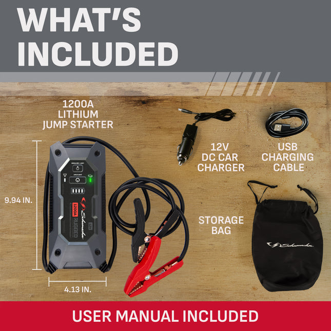 Schumacher SL1668 1200 Peak Amp 12V Rugged Lithium Jump Starter and USB Power Pack, New in Box