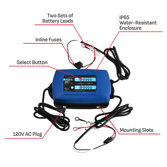Schumacher Electric Ship ‘n Shore 2-in-1 12V Two-Bank On-Board Marine Sequential 15A Battery Charger and Maintainer
