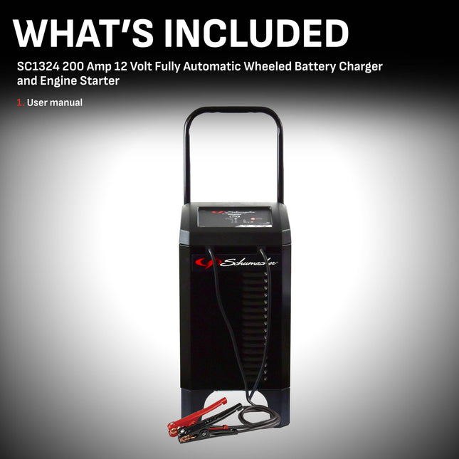 Schumacher Electric Wheeled Automatic 6A Car Battery Charger and 200A Engine Starter, 4-in-1 Solution, Maintainer, 40A Boost, For 12V Power Sport, Automotive, and Marine Batteries, SC1324