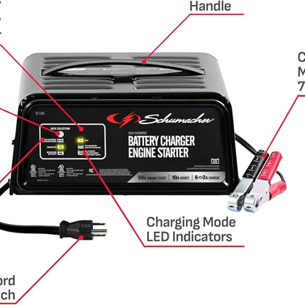 Schumacher Electric 6A Car Battery Charger and 50A Engine Starter, 3-in-1 Solution, Maintainer, 10A Boost, For 12V Power Sport, Automotive, and Marine Batteries, SC1305
