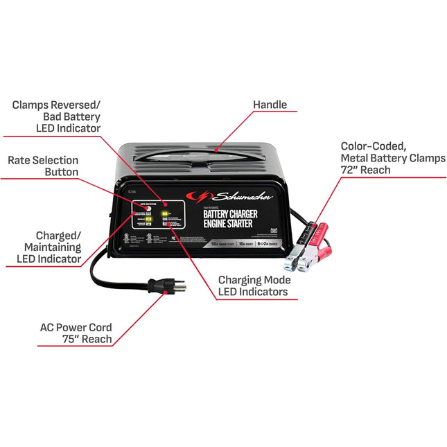 Schumacher Electric 6A Car Battery Charger and 50A Engine Starter, 3-in-1 Solution, Maintainer, 10A Boost, For 12V Power Sport, Automotive, and Marine Batteries, SC1305