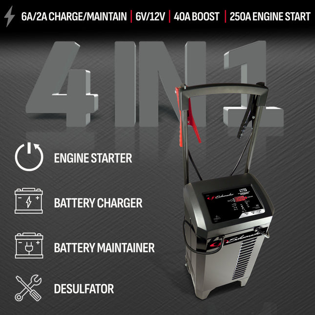 Schumacher Electric Wheeled Automatic 6A Car Battery Charger and 250A Engine Starter, 6-in-1 Solution, Maintainer, 40A Boost, For 6V/12V Power Sport, Automotive, and Marine Batteries, SC1325