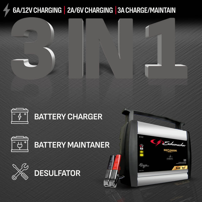 Schumacher Electric 6A Car Battery Charger and Maintainer, 3-in-1 Solution, For 6V/12V Power Sport, Automotive, and Marine Batteries, SC1357