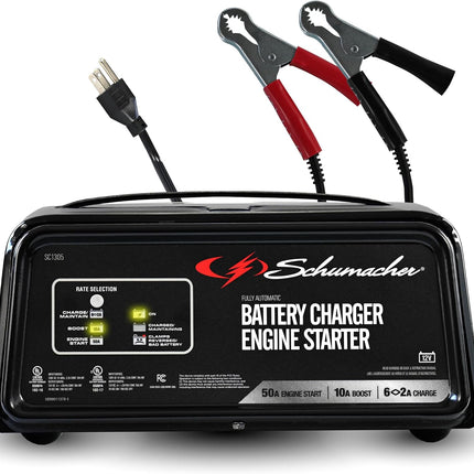 Schumacher Electric 6A Car Battery Charger and 50A Engine Starter, 3-in-1 Solution, Maintainer, 10A Boost, For 12V Power Sport, Automotive, and Marine Batteries, SC1305