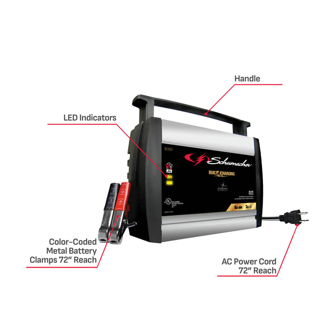 Schumacher Electric 6A Car Battery Charger and Maintainer, 3-in-1 Solution, For 6V/12V Power Sport, Automotive, and Marine Batteries, SC1357