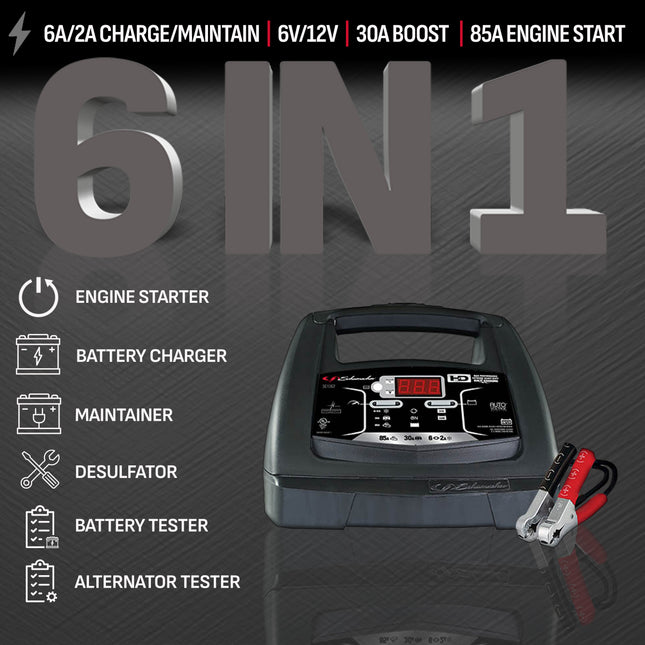 Schumacher Electric 6A Car Battery Charger and 85A Engine Starter, 6-in-1 Solution, Maintainer, 30A Boost, For 6V/12V Power Sport, Automotive, and Marine Batteries, SC1362