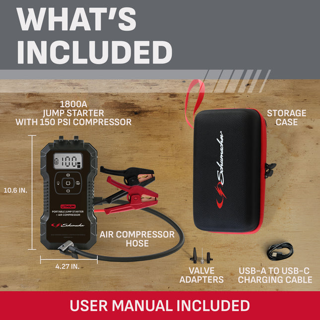 Schumacher Electric 1800A Lithium Car Battery Jump Starter & Power Pack/Jump Box, Air Compressor, USB, For 12V Power Sport, Auto & Marine Batteries, SL1687