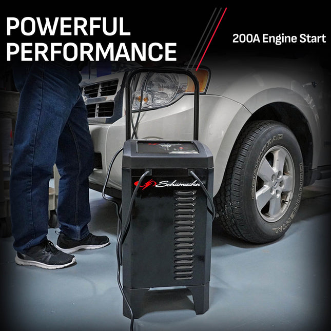 Schumacher Electric Wheeled Automatic 6A Car Battery Charger and 200A Engine Starter, 4-in-1 Solution, Maintainer, 40A Boost, For 12V Power Sport, Automotive, and Marine Batteries, SC1324