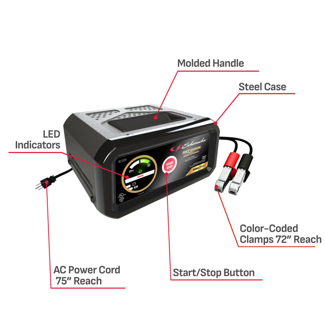 Schumacher Electric 10A Car Battery Charger and Maintainer, 2-in-1 Solution, For 12V Power Sport, Automotive, and Marine Batteries, SC1339L