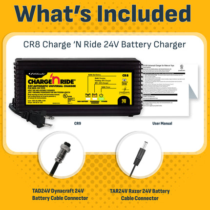 Schumacher Electric Charge ‘n Ride Universal 1.5A Battery Charger and Maintainer For Ride-On Toys, For 24V Batteries, Works on Dynacraft and Razor Toys, CR8