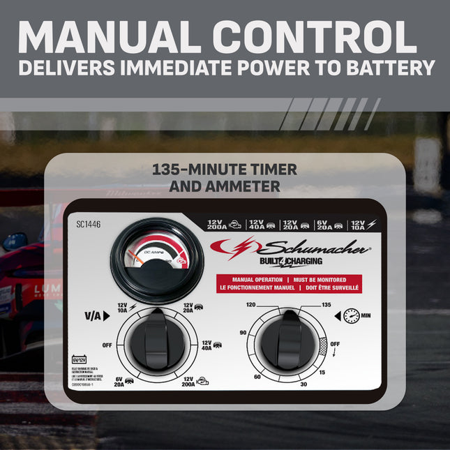 Schumacher Electric Wheeled Manual 10A Car Battery Charger and 200A Engine Starter, 2-in-1 Solution, 40A Boost, For 6V/12V Power Sport, Automotive, and Marine Batteries, SC1446