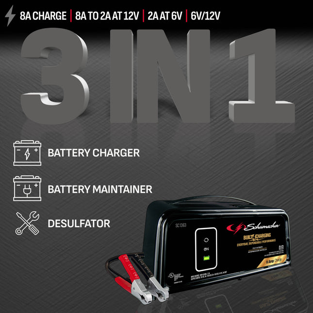 Schumacher Electric 8A Car Battery Charger and Maintainer, 3-in-1 Solution, For 6V/12V Power Sport, Automotive, and Marine Batteries, SC1363