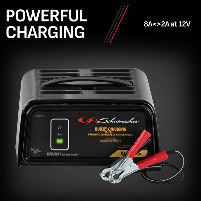 Schumacher Electric 8A Car Battery Charger and Maintainer, 3-in-1 Solution, For 6V/12V Power Sport, Automotive, and Marine Batteries, SC1363