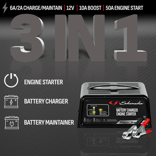 Schumacher Electric 6A Car Battery Charger and 50A Engine Starter, 3-in-1 Solution, Maintainer, 10A Boost, For 12V Power Sport, Automotive, and Marine Batteries, SC1305
