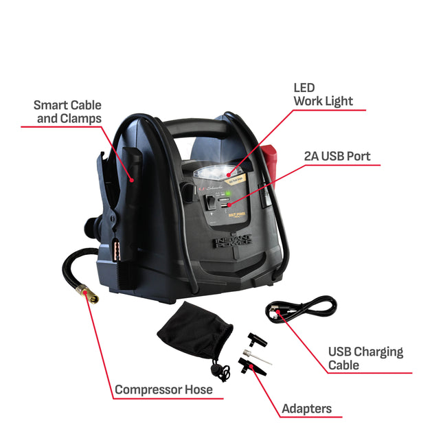 Schumacher Electric 800A Car Battery Jump Starter and Portable Power Station, 4-in-1 Solution, 150-PSI Air Compressor, USB & DC Charging, For 12V Power Sport, Automotive, and Marine Batteries, SJ1331