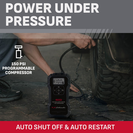 Schumacher Electric 4-in-1 1800A Car Battery Jump Starter and 150-PSI Air Compressor, Portable Power Pack, 2.4A USB Charging, For Power Sport, Automotive, and Marine Batteries, New in Box, SL1686