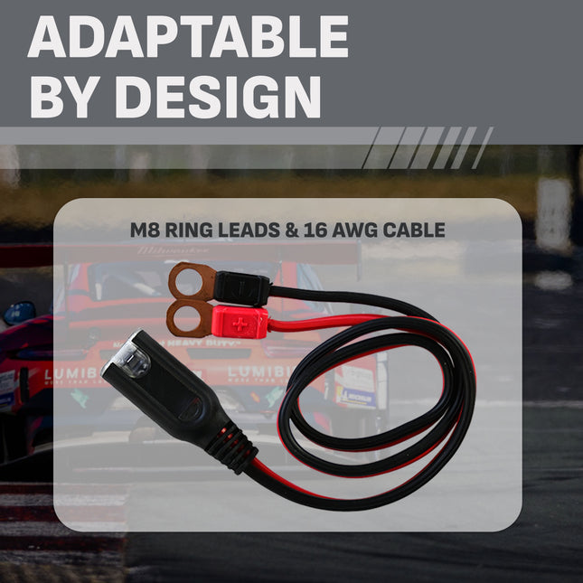 Schumacher Electric RUGGED M8 Eyelet to Quick-Connect Cable, Quick-Connect Ring Leads, 16 AWG, Fits 8 mm or 5/16 in. Battery Posts, For RUGGED Battery Chargers + Maintainers, SA950