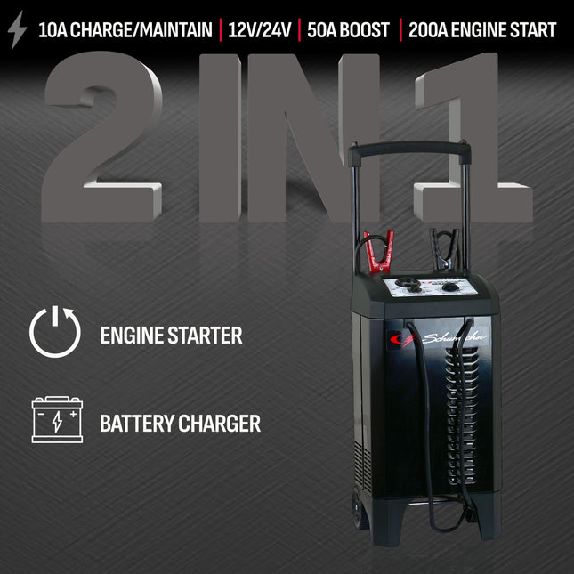 Schumacher Electric Wheeled Manual 10A Car Battery Charger and 200A Engine Starter, 2-in-1 Solution, 50A Boost, For 12V/24V Power Sport, Automotive, and Marine Batteries, SC1633