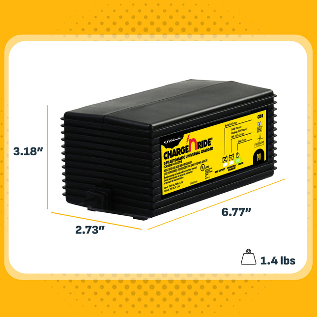 Schumacher Electric Charge ‘n Ride Universal 1.5A Battery Charger and Maintainer For Ride-On Toys, For 24V Batteries, Works on Dynacraft and Razor Toys, CR8