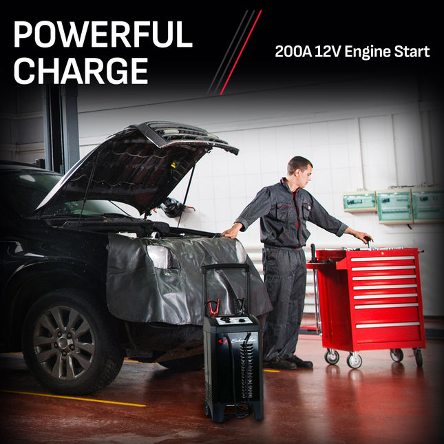Schumacher Electric Wheeled Manual 10A Car Battery Charger and 200A Engine Starter, 2-in-1 Solution, 50A Boost, For 12V/24V Power Sport, Automotive, and Marine Batteries, SC1633