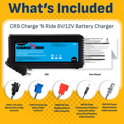 Schumacher Electric Charge ‘n Ride 3A Battery Charger and Maintainer for Ride-On Toys, For 6V/12V Batteries, 5 Adapters, Works with Most Brands, CR9