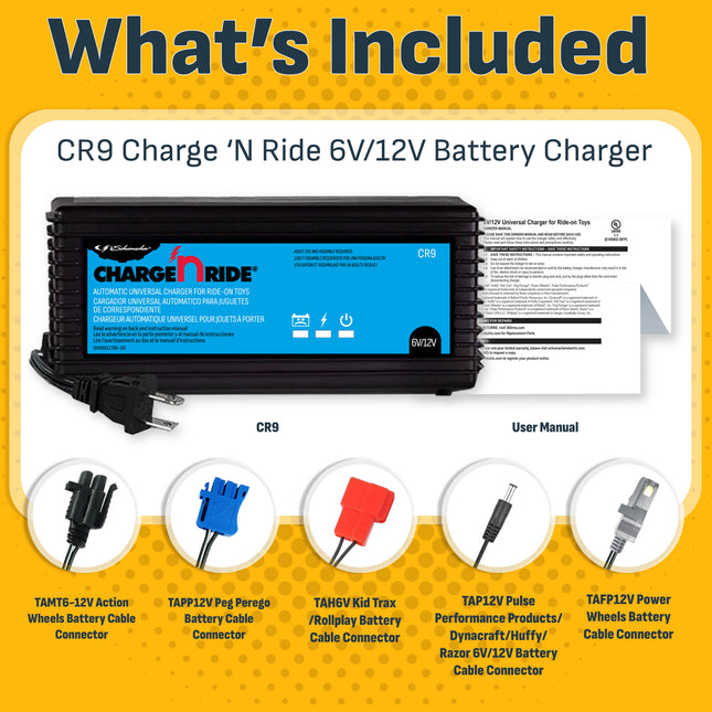 Schumacher Electric Charge ‘n Ride 3A Battery Charger and Maintainer for Ride-On Toys, For 6V/12V Batteries, 5 Adapters, Works with Most Brands, CR9