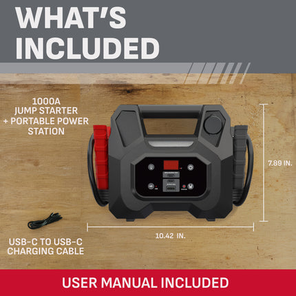 Schumacher Electric 1000A Car Battery Jump Starter & Power Station – USB-A, USB-C & 12V DC Charging – Digital Display – 3-Mode LED Light – SJ1693