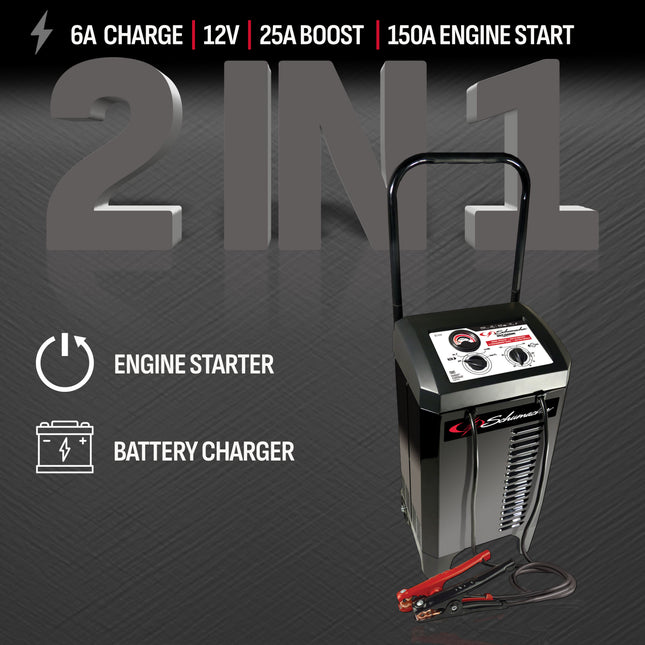 Schumacher Electric Wheeled Manual 6A Car Battery Charger and 150A Engine Starter, 2-in-1 Solution, 35A Boost, For 12V Power Sport, Automotive, and Marine Batteries, SC1437