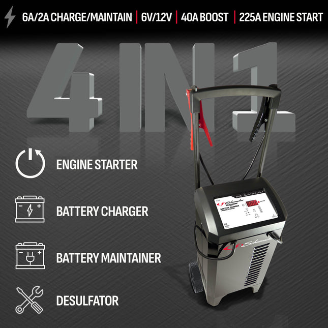 Schumacher Electric Wheeled Automatic 6A Car Battery Charger and 225A Engine Starter, 4-in-1 Solution, Maintainer, 40A Boost, For 6V/12V Power Sport, Automotive, and Marine Batteries, SC1632