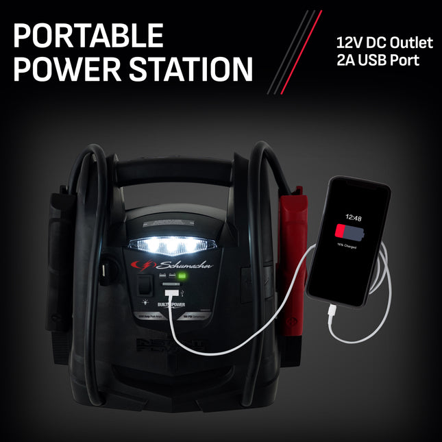 Schumacher Rechargeable AGM Jump Starter for Gas, Diesel Vehicles – 1000 Amps with Air Compressor and 12V DC, USB Power Station