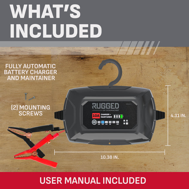 Schumacher Electric 10A Rugged Car Battery Charger and Maintainer, 4-in-1 Solution, Service Mode, for 6V/12V Power Sport, Automotive, and Marine Batteries, SC1684